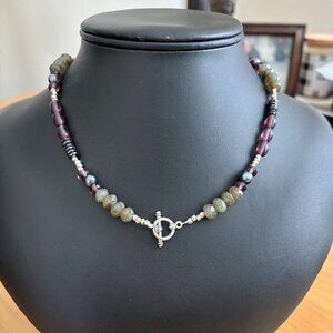 Handmade Amethyst, Bali Silver, Hematite, Freshwater Pearl Necklace - 16"